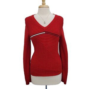 Womens XL Red Ribbed V-Neck Sweater Preppy Y2K Retro Tommy Hilfiger Top Pullover
